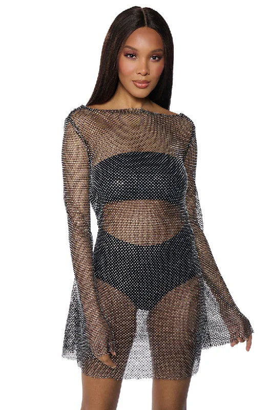 SHE ALL THAT RHINESTONE MESH MINI DRESS IN BLACK Comfortable Linen Mini Dress