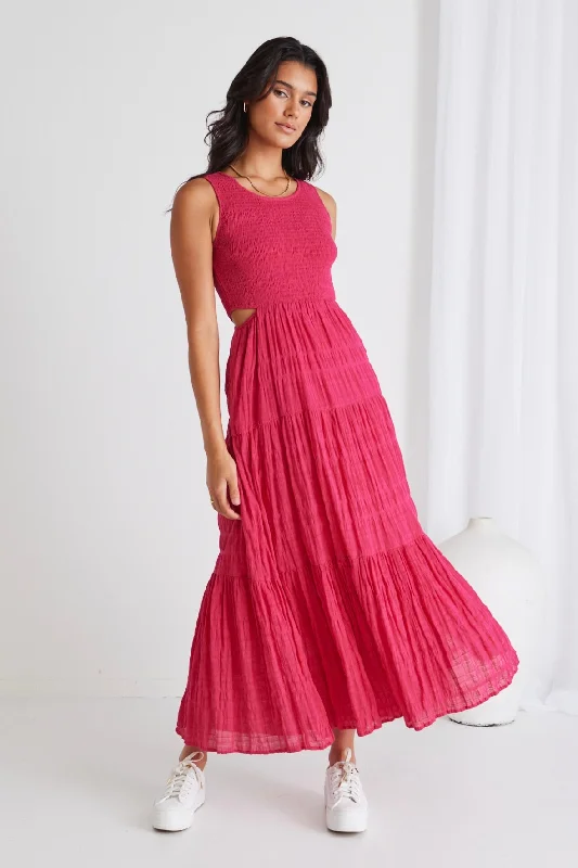 Sorella Raspberry Shirred Cotton Sleeveless Waist Cut Out Tiered Maxi Dress Comfortable Cotton Maxi Dress Sorella Raspberry Shirred Cotton Sleeveless Waist Cut Out Tiered Maxi Dress Comfortable Cotton Maxi Dress