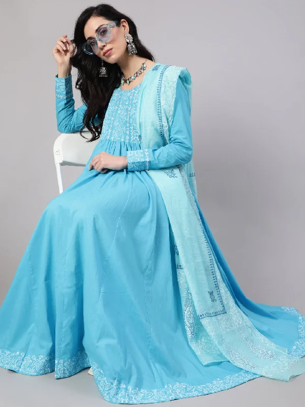 Women's Turquoise Blue Hand Blocked Maxi Dress With Dupatta - Aks