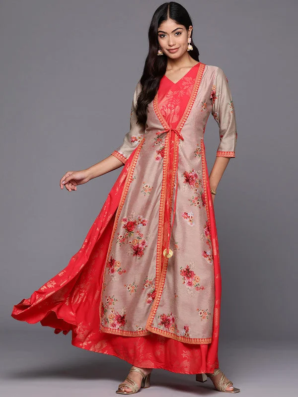 Women's Floral Print Layered A-Line Maxi Dress - Ahalyaa Elegant Maxi Dress with Belt Women's Floral Print Layered A-Line Maxi Dress - Ahalyaa Elegant Maxi Dress with Belt