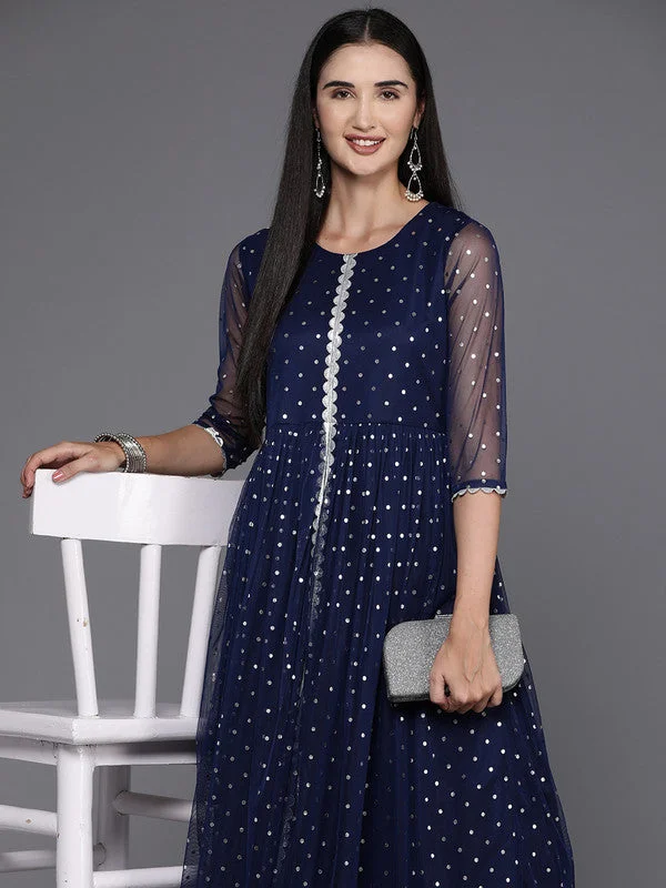 Women's Navy Blue Polka Dot Print Net A-Line Maxi Dress - Ahalyaa Comfortable Ruffle Maxi Dress Women's Navy Blue Polka Dot Print Net A-Line Maxi Dress - Ahalyaa Comfortable Ruffle Maxi Dress
