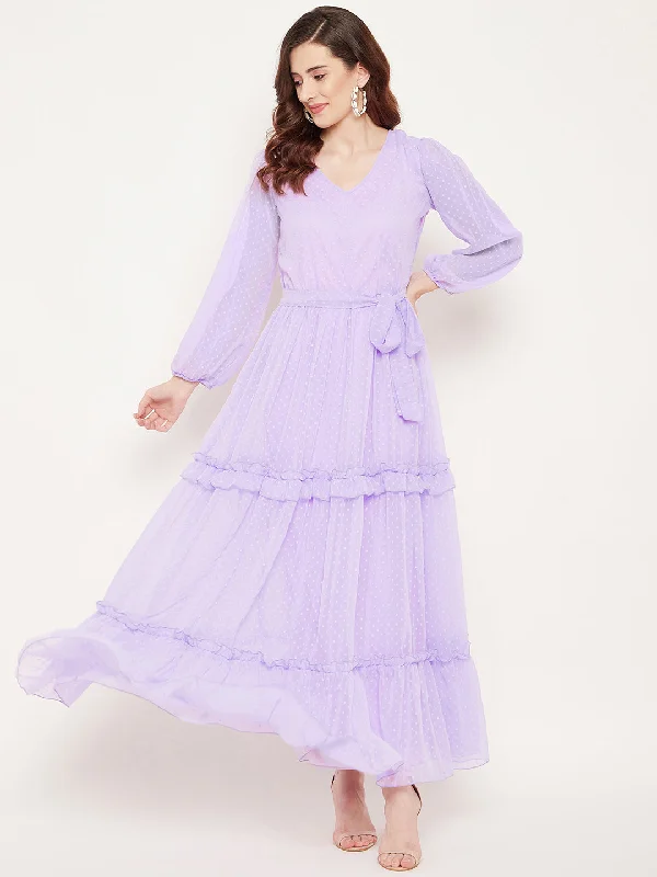 Women's Mauve Georgette Tiered Dobby Maxi Dress - Bitterlime