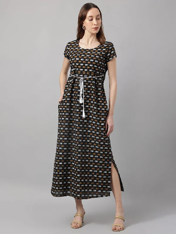 Women's Black Ikat Printed Maxi Dress - Deckedup