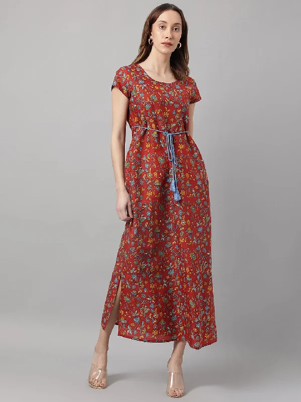 Women's Maroon Printed Maxi Dress - Deckedup