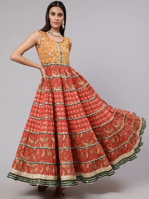 Women's Red & Yellow Floral Printed Tiered Maxi Dress With Lace Details - Aks Elegant Maxi Dress with Pockets Women's Red & Yellow Floral Printed Tiered Maxi Dress With Lace Details - Aks Elegant Maxi Dress with Pockets