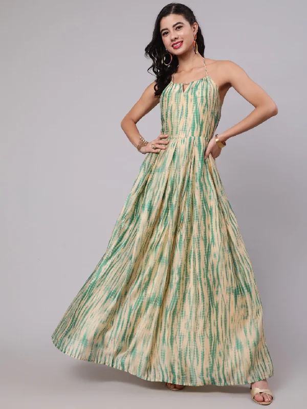 Women's Cream & Green Shibori Printed Flared Maxi Dress - Aks Stylish Boho Chic Maxi Dress Women's Cream & Green Shibori Printed Flared Maxi Dress - Aks Stylish Boho Chic Maxi Dress