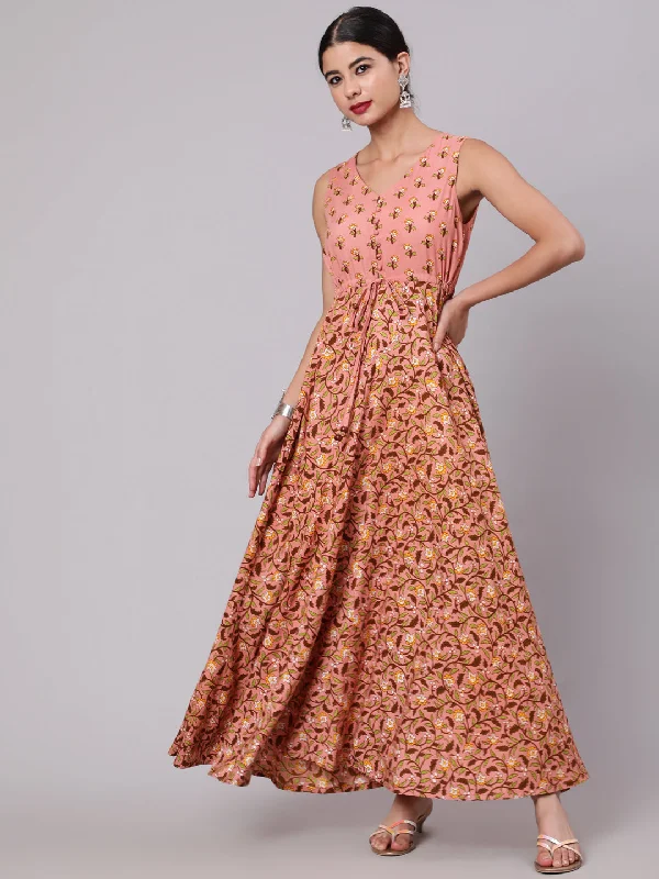 Women's Light Brown & Green Printed Flared Maxi Dress - Aks