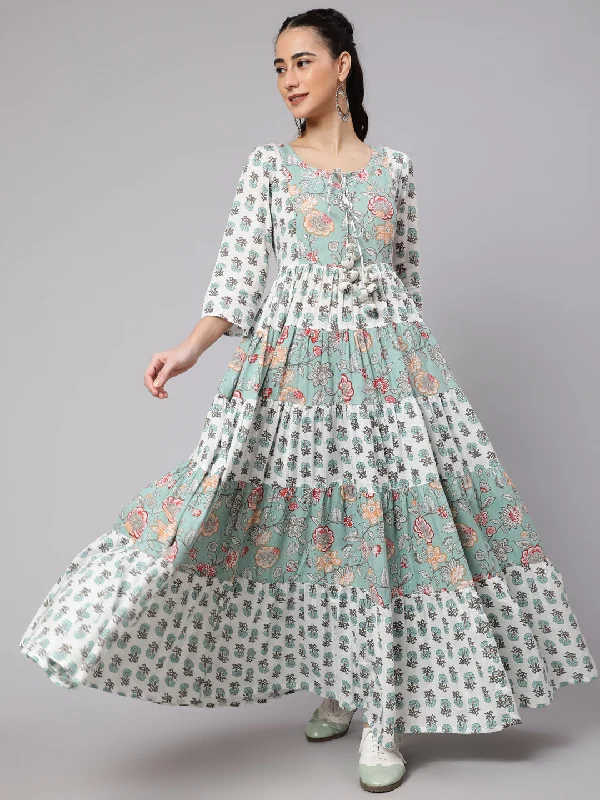 Women's White & Powder Green Floral Printed Tiered Maxi Dress - Aks