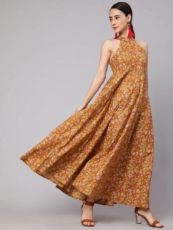 Women's Musted Floral Printed Flared Maxi Dress - Aks