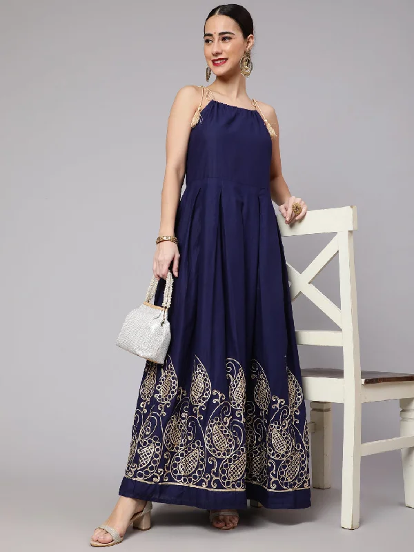 Women's Navy Blue Gota Embroidered Maxi Dress - Aks Fashionable Halter Neck Maxi Dress Women's Navy Blue Gota Embroidered Maxi Dress - Aks Fashionable Halter Neck Maxi Dress