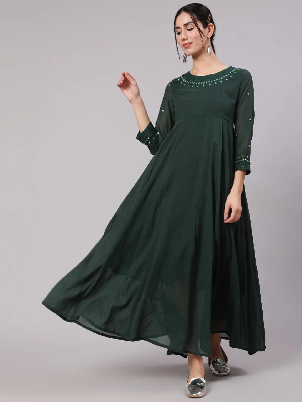 Women's Green Mirror Work Flared Maxi Dress - Aks Trendy Off-Shoulder Ruffle Maxi Dress Women's Green Mirror Work Flared Maxi Dress - Aks Trendy Off-Shoulder Ruffle Maxi Dress