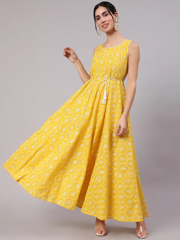 Women's Yellow Khadi Printed Flared Maxi Dress - Aks