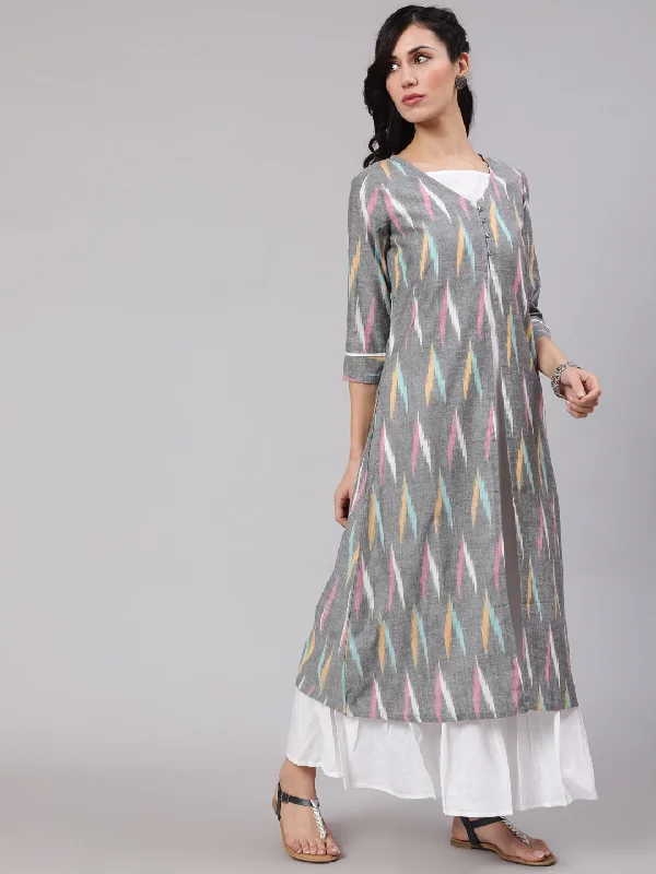 Women's Grey & White Ikkat Handloom Design Layered Maxi Dress - Aks