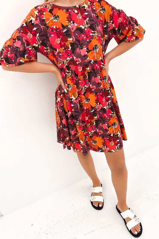 Yasmin Bubble Sleeve Mini Dress Berry Floral