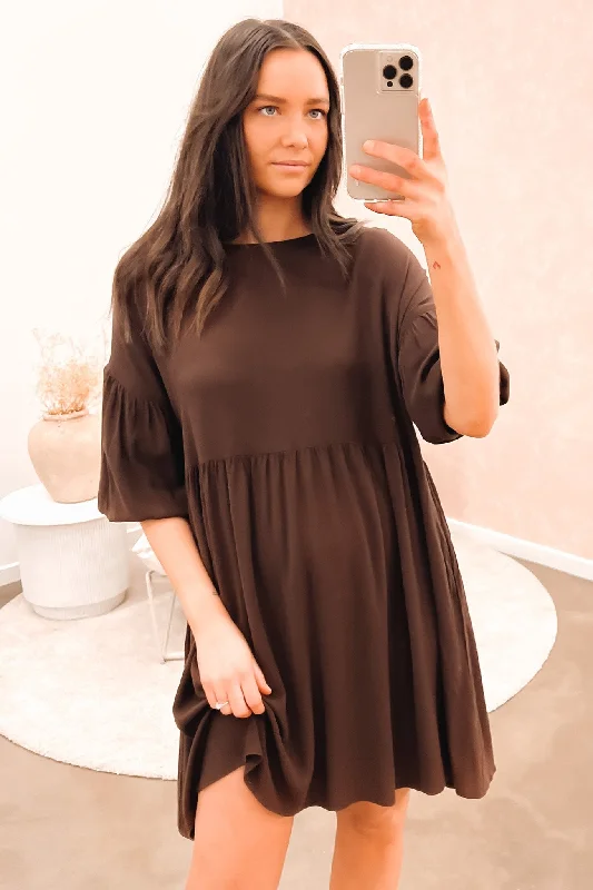 Yasmin Bubble Sleeve Mini Dress Chocolate