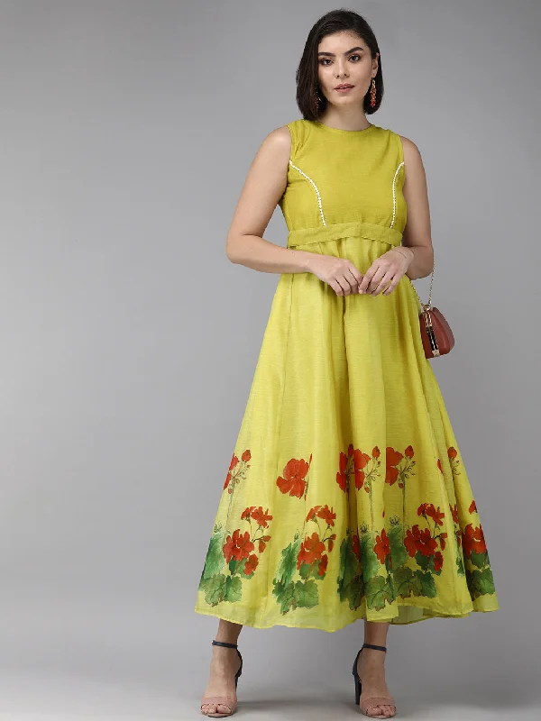 Women's Yellow Floral Chanderi Silk Maxi Dress - Bhama Couture