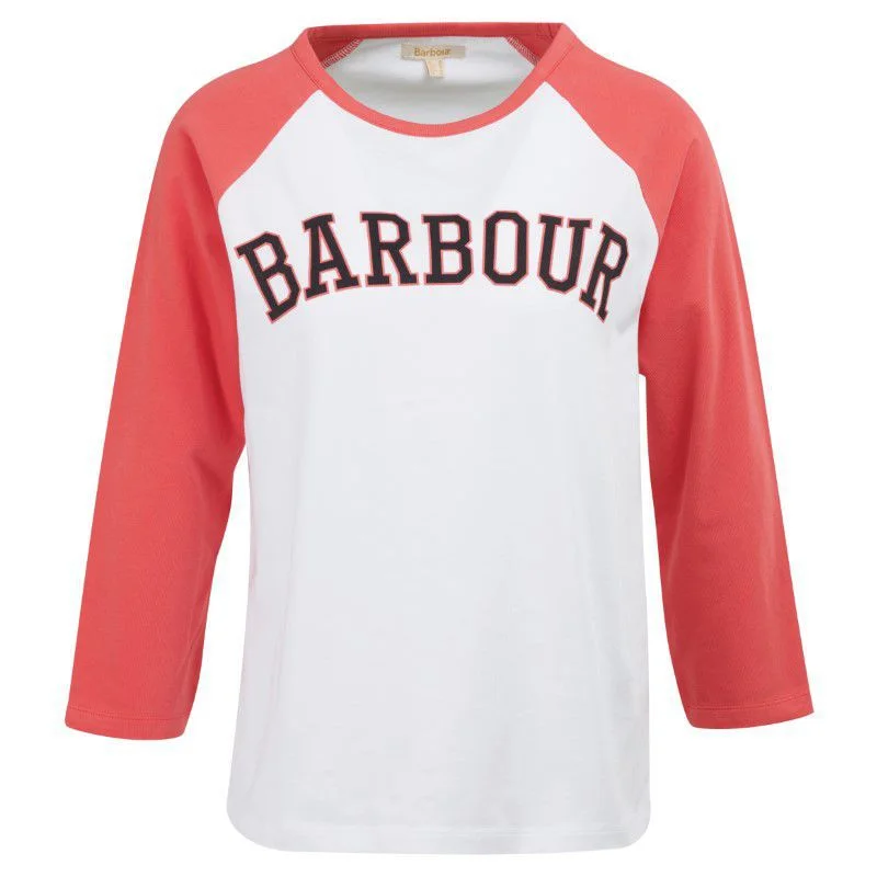 Barbour Northumberland Ladies Long Sleeve T-Shirt - White/Pink Punch