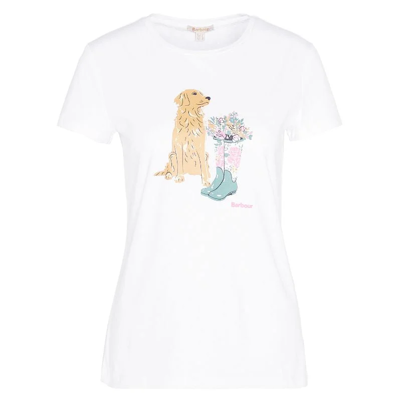 Barbour Rowen Ladies T-Shirt - White (Golden Retriever) Notch Collar Peter Pan Collar Cowl Neck Barbour Rowen Ladies T-Shirt - White (Golden Retriever) Notch Collar Peter Pan Collar Cowl Neck