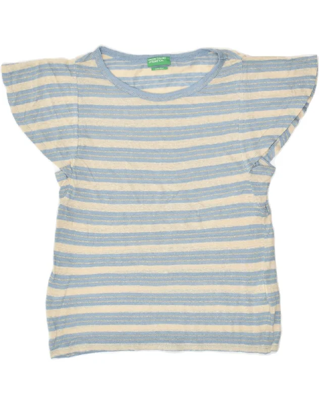 BENETTON Womens T-Shirt Top UK 14 Large Blue Striped Linen