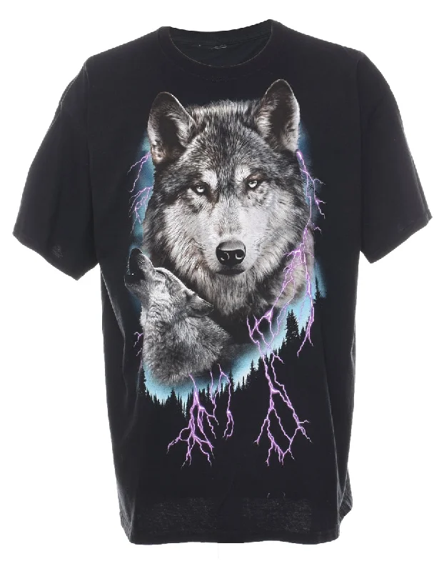 Black & Pink Wolf Print Animal T-shirt - L