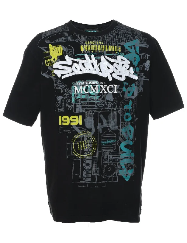 Black South Pole Appliqued Y2K T-Shirt - XL