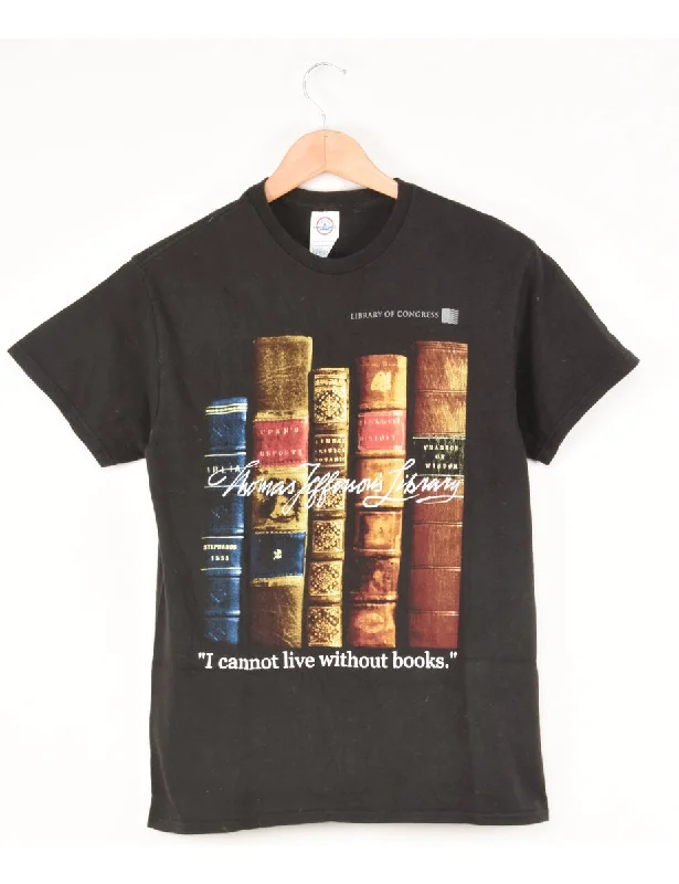 Black Thomas Jefferson's Library Printed T-shirt - M Zippered Front Buttoned Front Snap Front Black Thomas Jefferson's Library Printed T-shirt - M Zippered Front Buttoned Front Snap Front