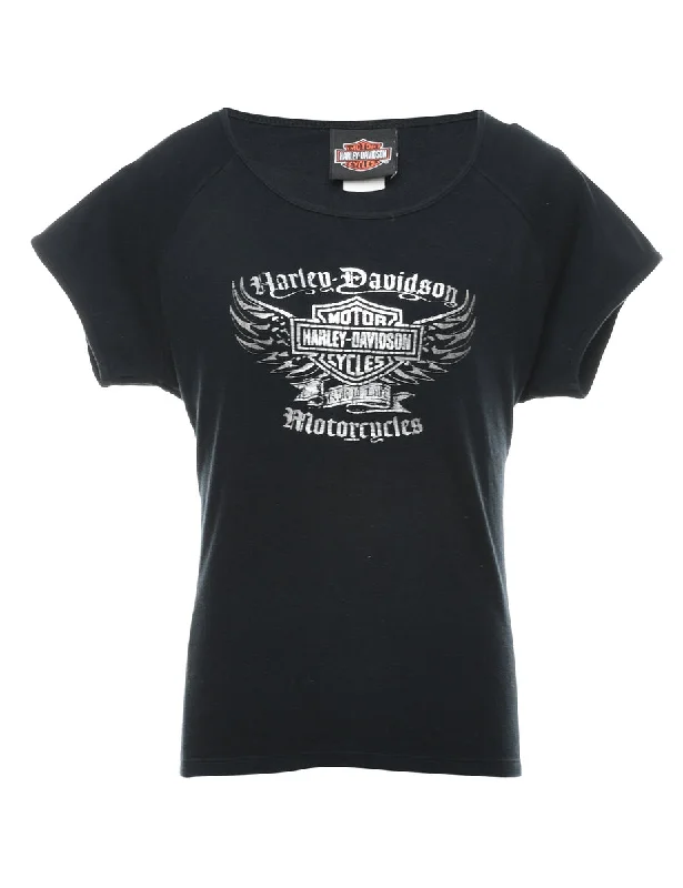 Harley Davidson Black & Silver Printed Y2K T-shirt - XL