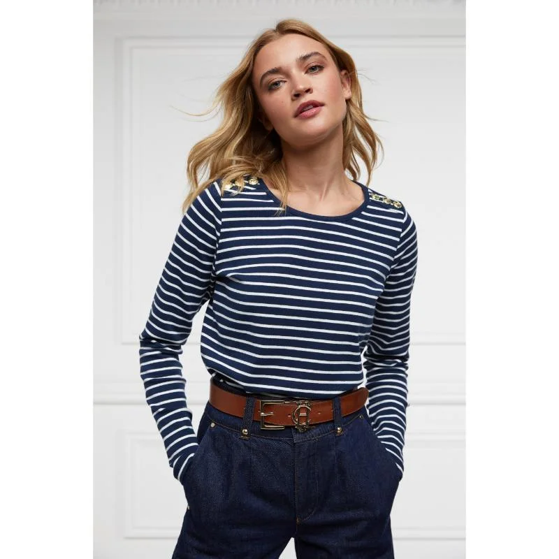 Holland Cooper Padstow Long Sleeve Crew Neck Ladies Tee - Ink Navy/Natural Stripe Cotton Fabric Linen Fabric Terry Fabric Holland Cooper Padstow Long Sleeve Crew Neck Ladies Tee - Ink Navy/Natural Stripe Cotton Fabric Linen Fabric Terry Fabric