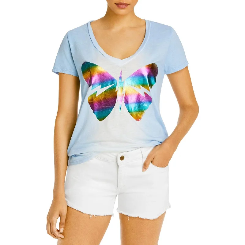 Lauren Moshi Womens Metallic V-Neck Graphic T-Shirt