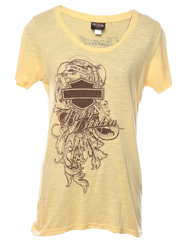 Pale Yellow Harley Davidson Y2K Printed T-shirt - M