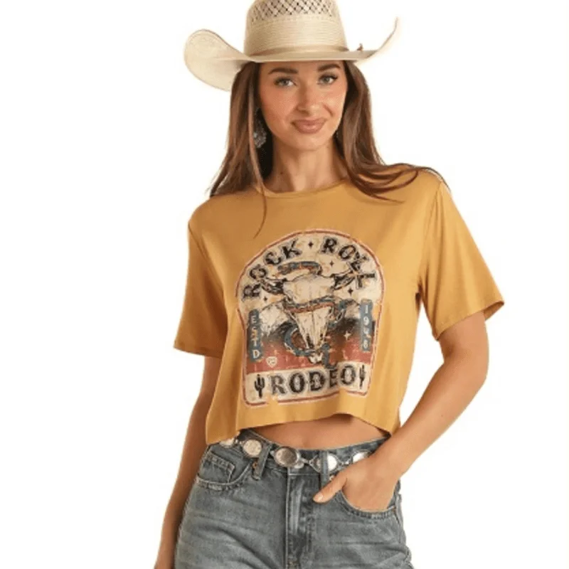 Panhandle Women's Rock & Roll Rodeo Mustard Crop Graphic Tee BW21T03309