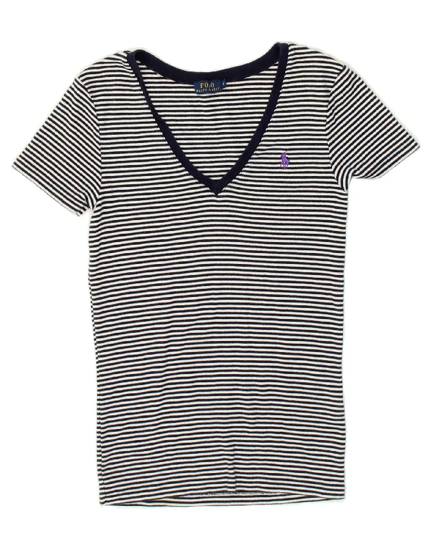 POLO RALPH LAUREN Womens T-Shirt Top UK 12 Medium Navy Blue Striped Cotton Denim Fabric Leather Fabric Suede Fabric POLO RALPH LAUREN Womens T-Shirt Top UK 12 Medium Navy Blue Striped Cotton Denim Fabric Leather Fabric Suede Fabric