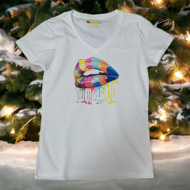 Psychedelic Lips V Neck T-Shirt for Ladies in White or Black with or without Bling