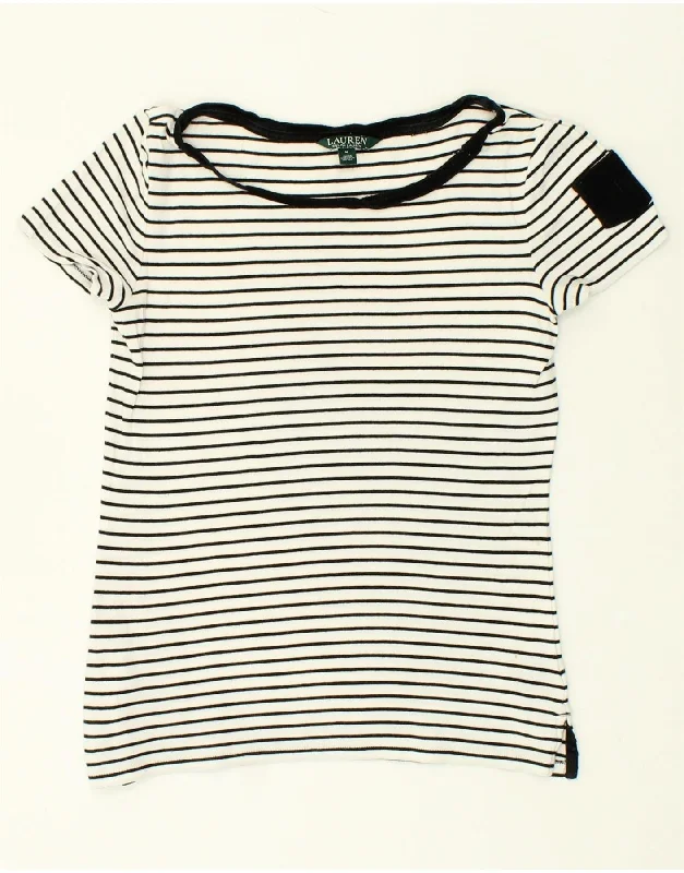 RALPH LAUREN Womens T-Shirt Top UK 12 Medium White Striped Cotton Zippered Front Buttoned Front Snap Front RALPH LAUREN Womens T-Shirt Top UK 12 Medium White Striped Cotton Zippered Front Buttoned Front Snap Front