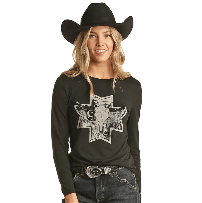 Rock & Roll Cowgirl Women's Black Long Sleeve Graphic Tee RRWT22R0BC Welt Pockets Slit Pockets Rock & Roll Cowgirl Women's Black Long Sleeve Graphic Tee RRWT22R0BC Welt Pockets Slit Pockets