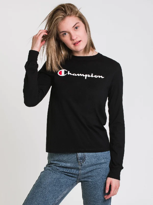 CHAMPION CLASSIC SCRIPT LONG SLEEVE TEE - CLEARANCE Fleece Fabric Down Fabric Feather Fabric CHAMPION CLASSIC SCRIPT LONG SLEEVE TEE - CLEARANCE Fleece Fabric Down Fabric Feather Fabric