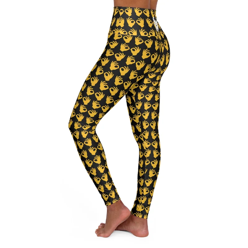 High Waisted Yoga Leggings - Black/Gold Griddy