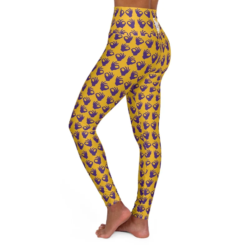 High Waisted Yoga Leggings - Gold/Purple Griddy