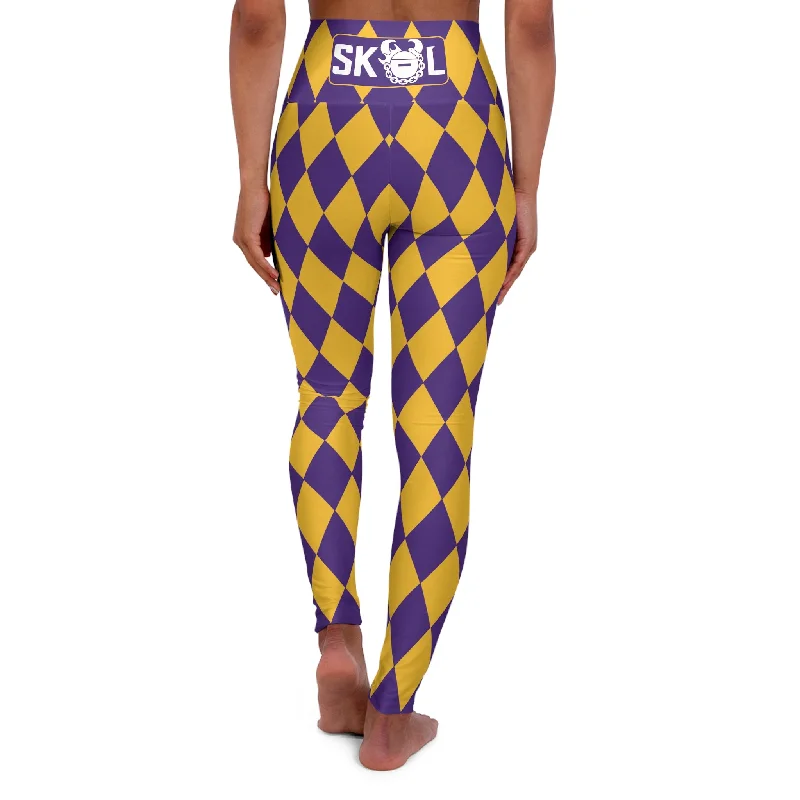 High Waisted Yoga Leggings - Purple/Gold Diamonds