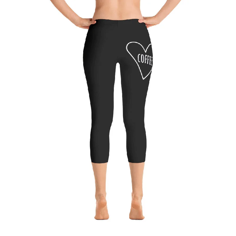 Crave the Day - Love Coffee Heart: Black Ladies Tight Capri Leggings