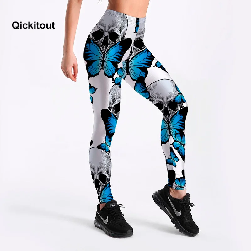 QICKITOUT  Women's Workout Fitness Active Wear Leggings in Butterfly & Skulls Print