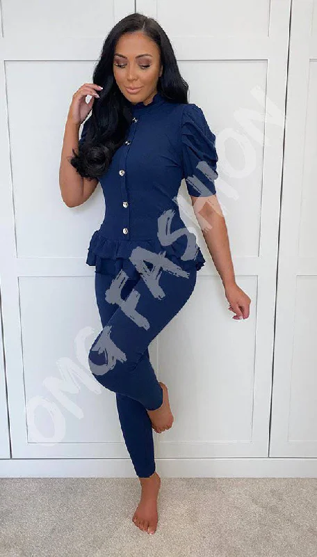 Leggings and Short Sleeved Top Ribbed Button Peplum Two Piece Co-ord