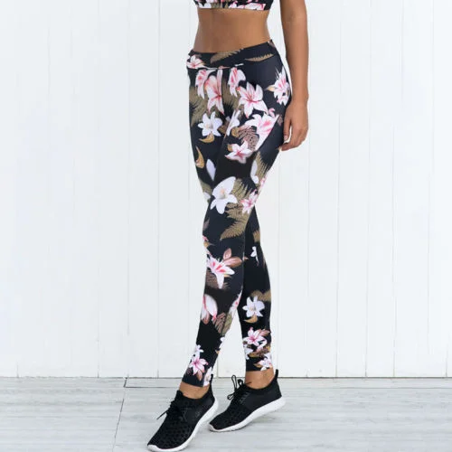 Women High Waist Fitness Leggings Long Trousers Black Floral Slim Leggings Comfortable Athletic Tights Women High Waist Fitness Leggings Long Trousers Black Floral Slim Leggings Comfortable Athletic Tights