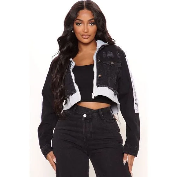 Tour Women's Jacket | Hooded Patchwork Distressed Crop Denim Welt Pockets Slit Pockets Flap Pockets Tour Women's Jacket | Hooded Patchwork Distressed Crop Denim Welt Pockets Slit Pockets Flap Pockets