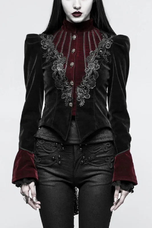 Black 3D Floral Decoration Stand Collar Long Sleeves Womens Gothic Jacket Fleece Fabric Down Fabric Feather Fabric Black 3D Floral Decoration Stand Collar Long Sleeves Womens Gothic Jacket Fleece Fabric Down Fabric Feather Fabric