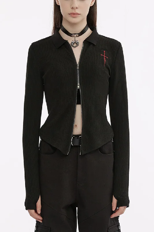 Black Cross Sword Embroidery Slim Metal Zipper Women's Punk Jacket Insulated Jacket Fitted Jacket Loose Jacket Black Cross Sword Embroidery Slim Metal Zipper Women's Punk Jacket Insulated Jacket Fitted Jacket Loose Jacket