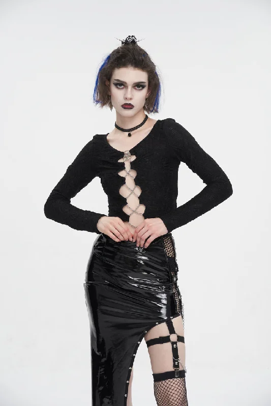 Black Cutout Ruched Chain Women's Punk Jacket Snapped Jacket Toggled Jacket Drawstring Jacket Black Cutout Ruched Chain Women's Punk Jacket Snapped Jacket Toggled Jacket Drawstring Jacket