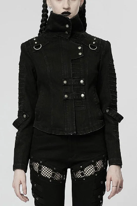 Black Denim Slant Pocket Washed Distressed Stretch Women's Punk Jacket Stand-Up Collar Roll-Neck Collar Turtle Neck Black Denim Slant Pocket Washed Distressed Stretch Women's Punk Jacket Stand-Up Collar Roll-Neck Collar Turtle Neck