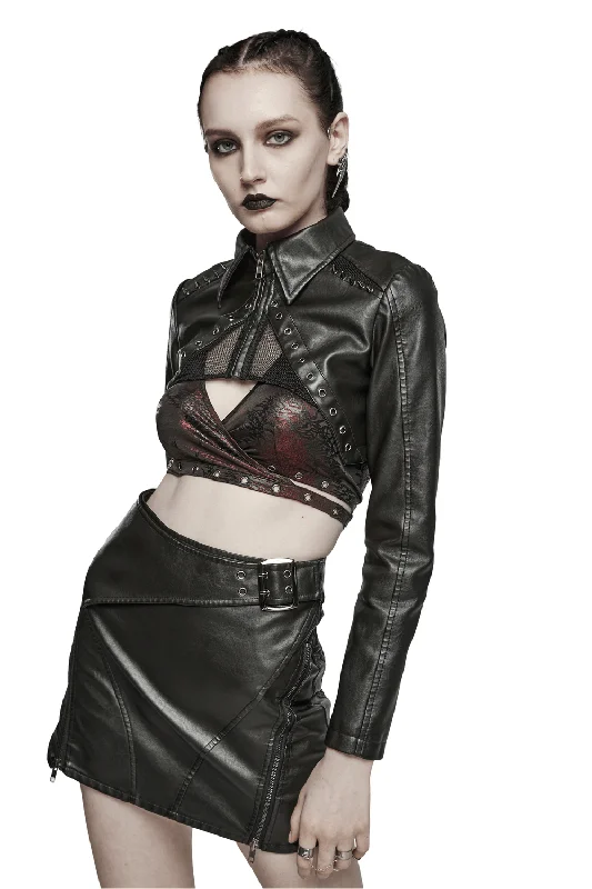 Black Faux Leather Punk Jacket with Mesh And Spikes