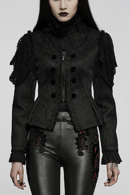 Black Gothic Lace Jacquard Double Row Velvet Button Metal Zip Back Lace Up Women's Jacket Notch Collar Jacket Peter Pan Collar Jacket Cowl Neck Jacket Black Gothic Lace Jacquard Double Row Velvet Button Metal Zip Back Lace Up Women's Jacket Notch Collar Jacket Peter Pan Collar Jacket Cowl Neck Jacket